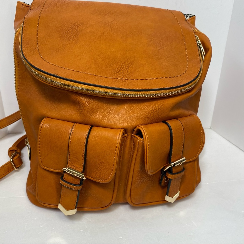 NWT Madison West Tan Leather Covertible Backpack Purse Carry on Faux Leather - Picture 1 of 10